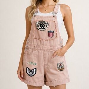 POL Dusty Pink Patch Distressed Short Overalls Size S Cotton Bib Romper NWOT
